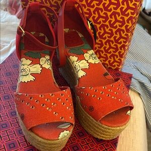 Tory Burch Elodie Red Floral Espadrille Wedge Sandals 9M